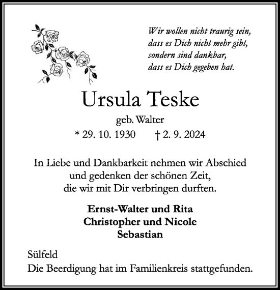 Traueranzeige von Ursula Teske von Stormaner Tageblatt