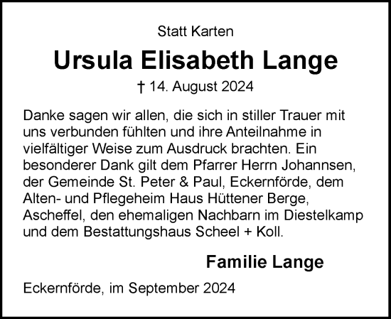 Traueranzeige von Ursula Elisabeth Lange von Eckernförder Zeitung, Hallo Eckernförde