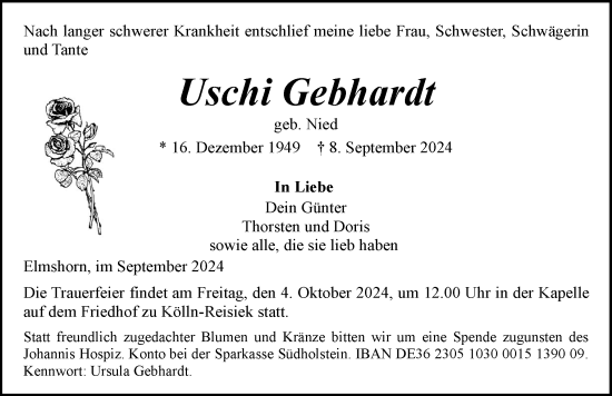 Traueranzeige von Uschi Gebhardt von Elmshorner Nachrichten, Barmstedter Zeitung