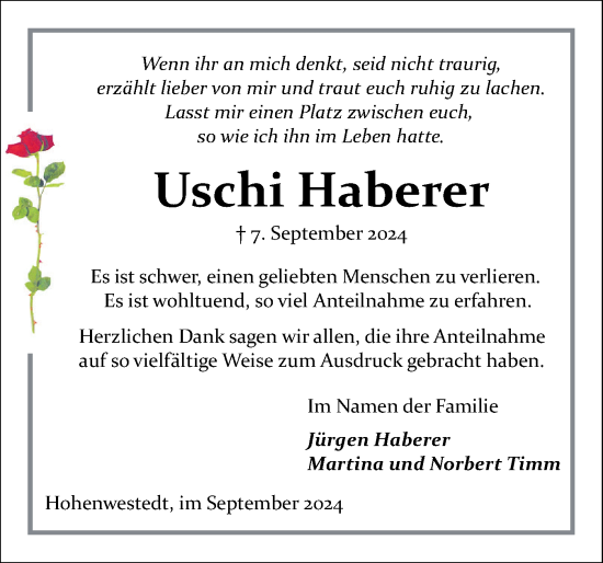 Traueranzeige von Uschi Haberer von Schleswig-Holsteinische Landeszeitung