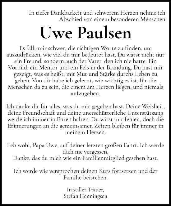 Traueranzeige von Uwe Paulsen von Husumer Nachrichten, Nordfriesland Tageblatt