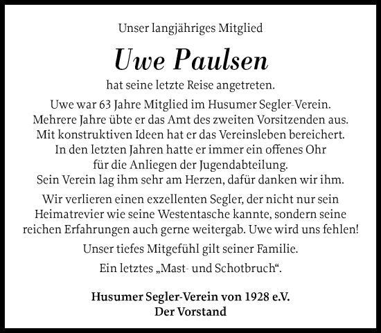 Traueranzeige von Uwe Paulsen von Husumer Nachrichten, Nordfriesland Tageblatt