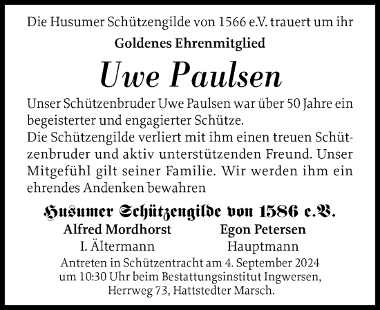 Traueranzeige von Uwe Paulsen von Husumer Nachrichten, Nordfriesland Tageblatt