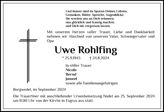 Traueranzeige von Uwe Rohlfing von Schleswiger Nachrichten, Schlei-Bote