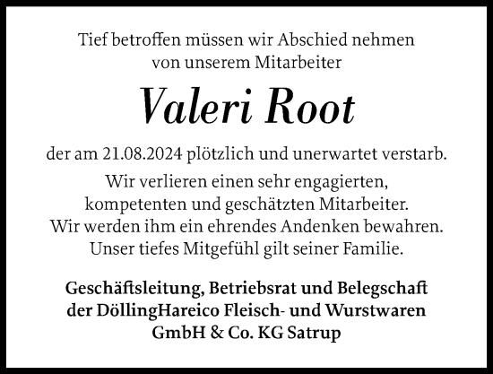 Traueranzeige von Valeri Root von Flensburger Tageblatt, Schleswiger Nachrichten, Schlei-Bote