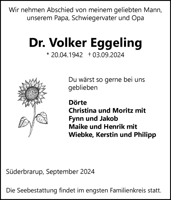 Traueranzeige von Volker Eggeling von Schleswiger Nachrichten, Schlei-Bote