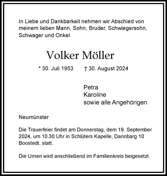 Traueranzeige von Volker Möller von Holsteinischer Courier