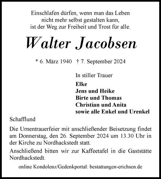 Traueranzeige von Walter Jacobsen von Flensburger Tageblatt