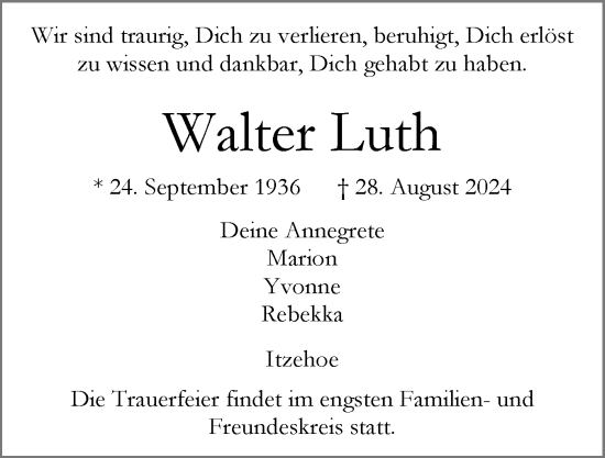 Traueranzeige von Walter Luth von Norddeutsche Rundschau, Wilstersche Zeitung, Glückstädter Fortuna