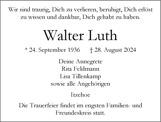 Traueranzeige von Walter Luth von Schleswiger Nachrichten, Schlei-Bote