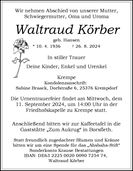 Traueranzeige von Waltraud Körber von Norddeutsche Rundschau, Wilstersche Zeitung, Glückstädter Fortuna