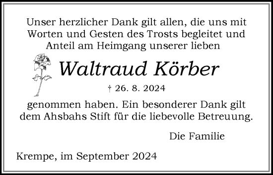 Traueranzeige von Waltraud Körber von Norddeutsche Rundschau, Wilstersche Zeitung, Glückstädter Fortuna