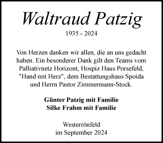 Traueranzeige von Waltraud Patzig von Schleswig-Holsteinische Landeszeitung