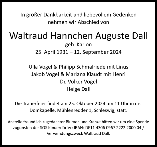 Traueranzeige von Waltraud Hannchen Auguste Dall von Schleswiger Nachrichten, Schlei-Bote