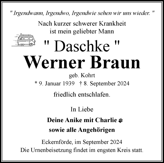 Traueranzeige von Werner Braun von Eckernförder Zeitung, Hallo Eckernförde