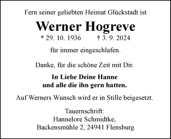 Traueranzeige von Werner Hogreve von Norddeutsche Rundschau, Wilstersche Zeitung, Glückstädter Fortuna