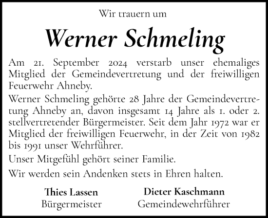 Traueranzeige von Werner Schmeling von Flensburger Tageblatt