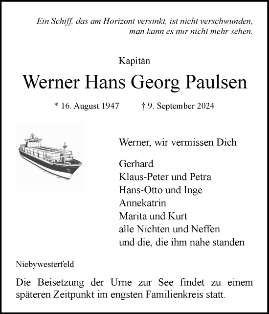 Traueranzeige von Werner Hans Georg  Paulsen von Flensburger Tageblatt, Schleswiger Nachrichten, Schlei-Bote