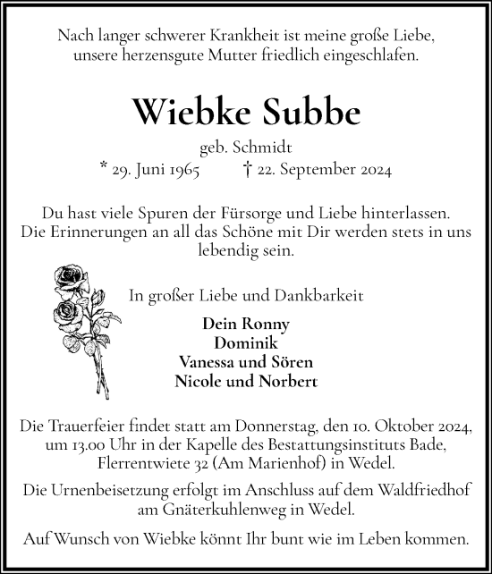 Traueranzeige von Wiebke Subbe von Wedel-Schulauer Tageblatt, tip Wedel-Schulauer Tageblatt, tip Rissener Rundschau