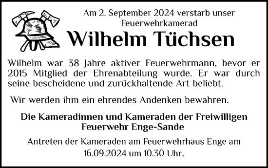 Traueranzeige von Wilhelm Tüchsen von Husumer Nachrichten, Nordfriesland Tageblatt