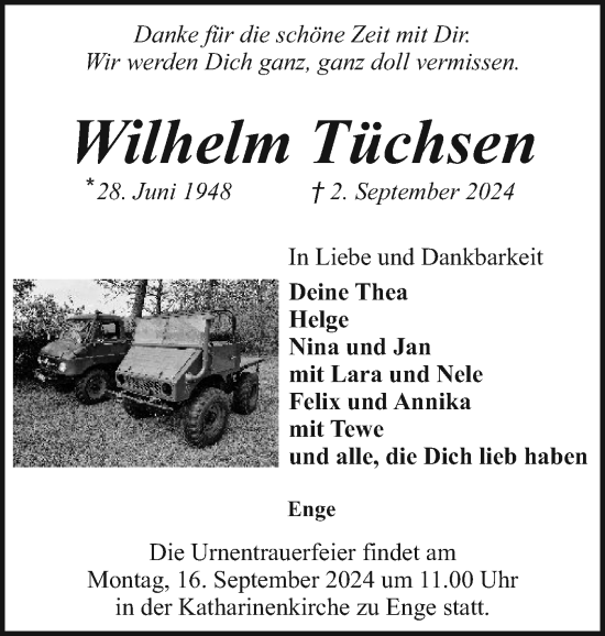 Traueranzeige von Wilhelm Tüchsen von Husumer Nachrichten, Nordfriesland Tageblatt