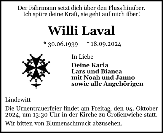 Traueranzeige von Willi Laval von Flensburger Tageblatt