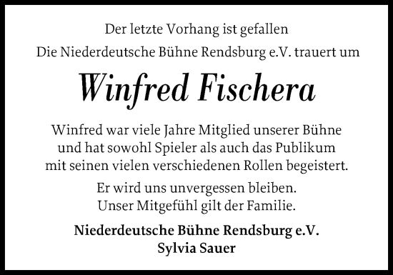 Traueranzeige von Winfred Fischera von Schleswig-Holsteinische Landeszeitung