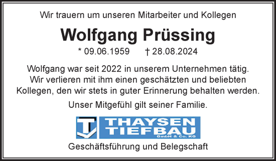 Traueranzeige von Wolfgang Prüssing von Flensburger Tageblatt