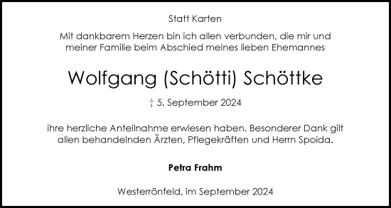 Traueranzeige von Wolfgang Schöttke von Schleswig-Holsteinische Landeszeitung