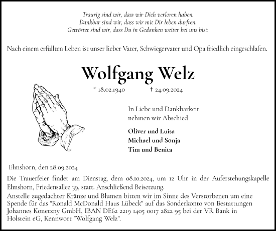 Traueranzeige von Wolfgang Welz von Elmshorner Nachrichten, Barmstedter Zeitung