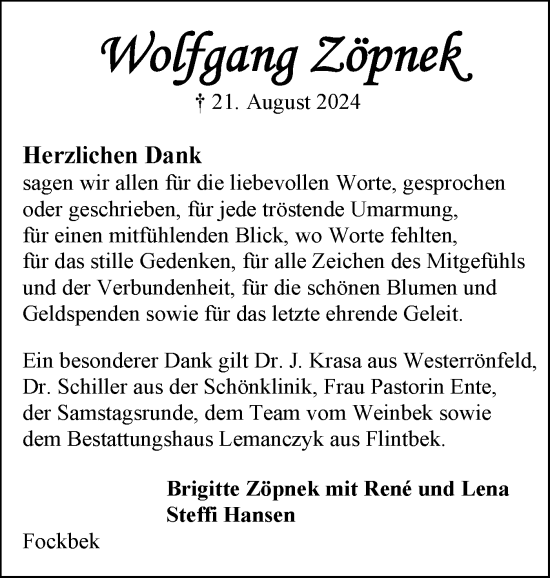 Traueranzeige von Wolfgang Zöpnek von Schleswig-Holsteinische Landeszeitung