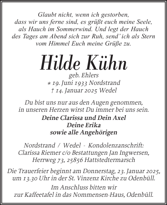 Traueranzeige von Hilde Kühn von Husumer Nachrichten, Nordfriesland Tageblatt