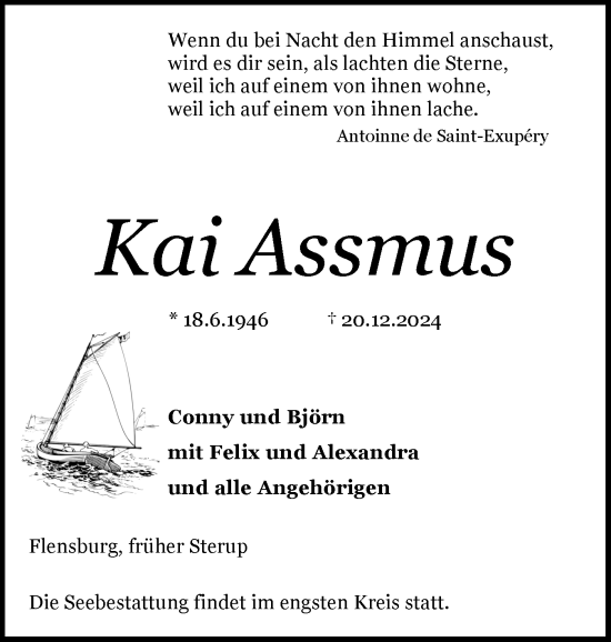 Traueranzeige von Kai Assmus von Flensburger Tageblatt, Schleswiger Nachrichten, Schlei-Bote