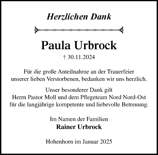 Traueranzeige von Paula Urbrock von Wochenend Anzeiger