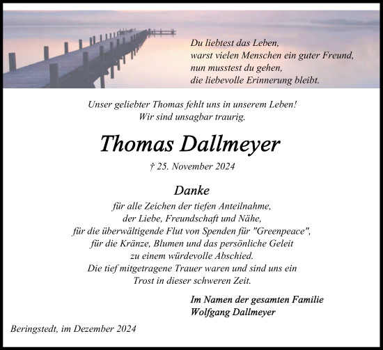Traueranzeige von Thomas Dallmeyer von Schleswig-Holsteinische Landeszeitung