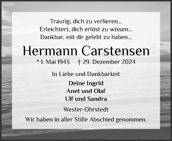 Traueranzeige von Hermann Carstensen von Husumer Nachrichten, Nordfriesland Tageblatt