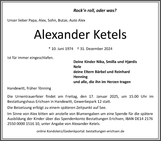 Traueranzeige von Alexander Ketels von Region Flensburg