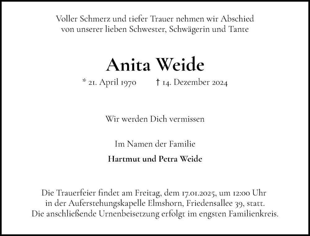  Traueranzeige für Anita Weide vom 04.01.2025 aus Elmshorner Nachrichten, Barmstedter Zeitung