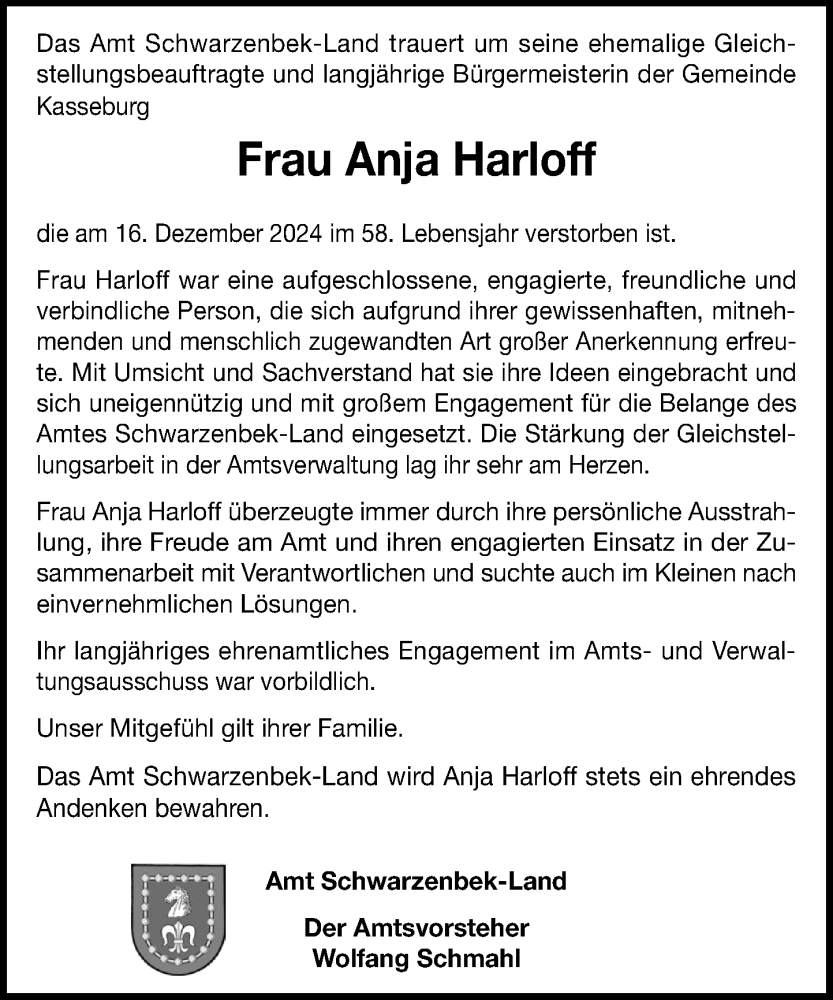  Traueranzeige für Anja Harloff vom 18.01.2025 aus Wochenend Anzeiger