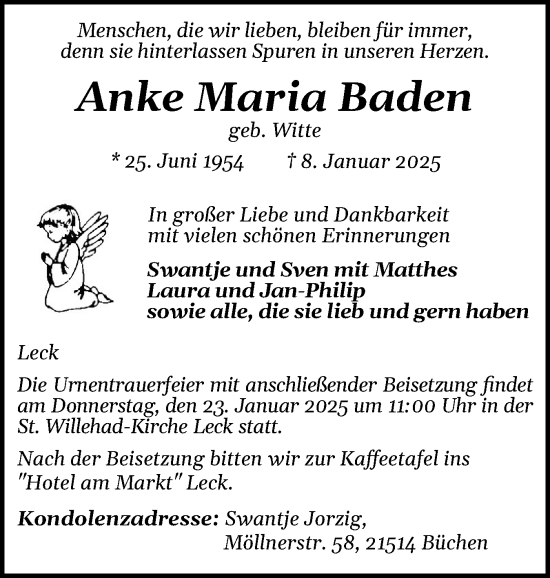 Traueranzeige von Anke Maria Baden von Husumer Nachrichten, Nordfriesland Tageblatt