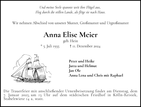 Traueranzeige von Anna Elise Meier von Elmshorner Nachrichten, Barmstedter Zeitung