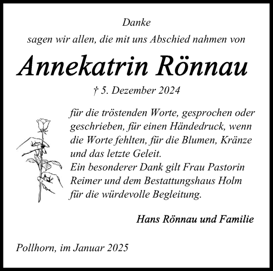 Traueranzeige von Annekatrin Rjönnau von Schleswig-Holsteinische Landeszeitung