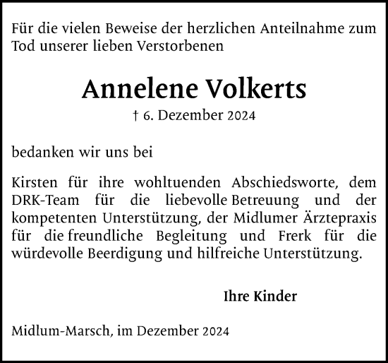 Traueranzeige von Annelene Volkerts von Der Insel-Bote