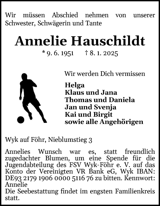 Traueranzeige von Annelie Hauschildt von Der Insel-Bote