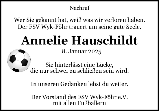 Traueranzeige von Annelie Hauschildt von Der Insel-Bote