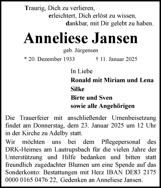 Traueranzeige von Anneliese Jansen von Flensburger Tageblatt