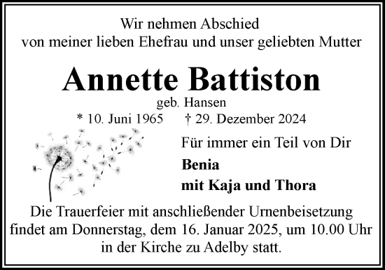 Traueranzeige von Annette Battiston von Flensburger Tageblatt