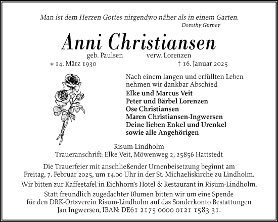 Traueranzeige von Anni Christiansen von Husumer Nachrichten, Nordfriesland Tageblatt