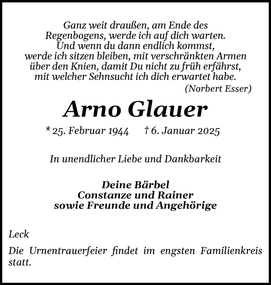 Traueranzeige von Arno Glauer von Husumer Nachrichten, Nordfriesland Tageblatt