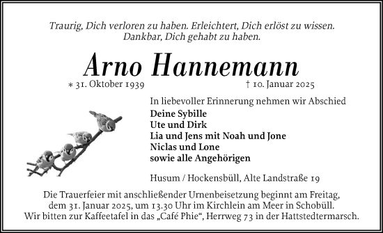 Traueranzeige von Arno Hannemann von Husumer Nachrichten, Nordfriesland Tageblatt